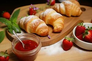 freshly baked croissants with strawberries and jam, AI Generative photo
