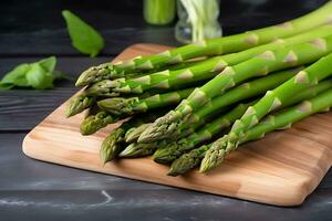 Bunch of fresh asparagus on slate plate, AI Generative photo