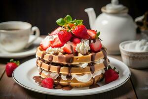 Side view waffle ice cream cake with strawberry and cup and teapot, AI Generative photo