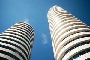 Low angle shot of towers under a blue sky, AI Generative photo