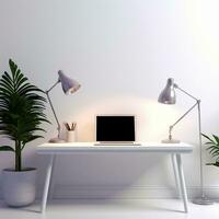 3d rendered white office table chair and laptop pc modern interior ai generative photo