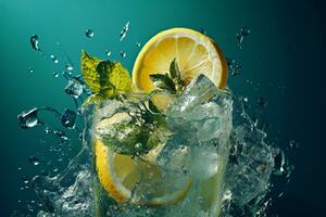 Lemon ice and water splash on blue background ai generative photo
