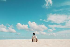 un hombre en el emplazamiento en el calma playa ai generativo foto