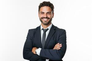 A business man stands against white background with his arms crossed ai generative photo