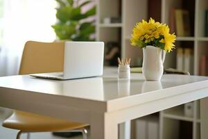 3d rendered white office table chair and laptop pc modern interior ai generative photo
