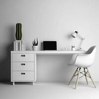 3d rendered white office table chair and laptop pc modern interior ai generative photo