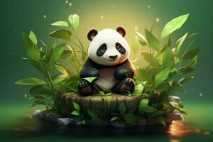 Green Cute panda with bamboo nature. Generate Ai photo