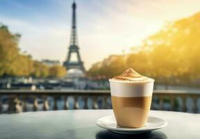 Cup cappuccino coffee with Eiffel tour background. Generate ai photo