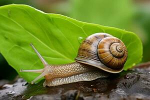 Snail on green leaf over soil nature background. Generate Ai photo