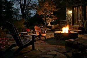 Residential open-air wood-burning pit paired with wooden stools and botanical embellishments. Generate Ai photo