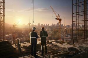 two man construction engineers supervising progress of construction project at construction site ai generative photo