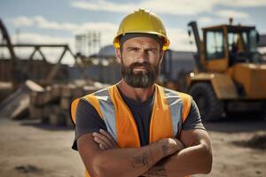 un alegre trabajador en un almacén rodeado por el estrépito de maquinaria construcción concepto ai generativo foto