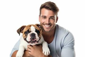 beautiful young caucasian brunette man cuddles french bulldog on white background ai generative photo