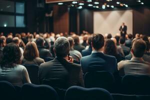 Rear side of audiences sitting and listening the speackers on the stage ai generative photo