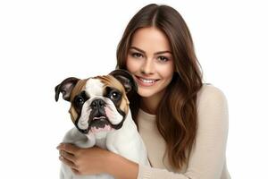 beautiful young caucasian brunette girl cuddles french bulldog on white background ai generative photo