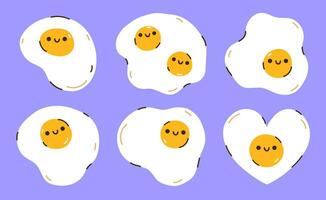 A set of cute fried eggs of different shapes isolated on a purple background. Kawaii characters. Vector hand-drawn illustration. Perfect for various designs, stickers, decorations, logo, menu, recipes