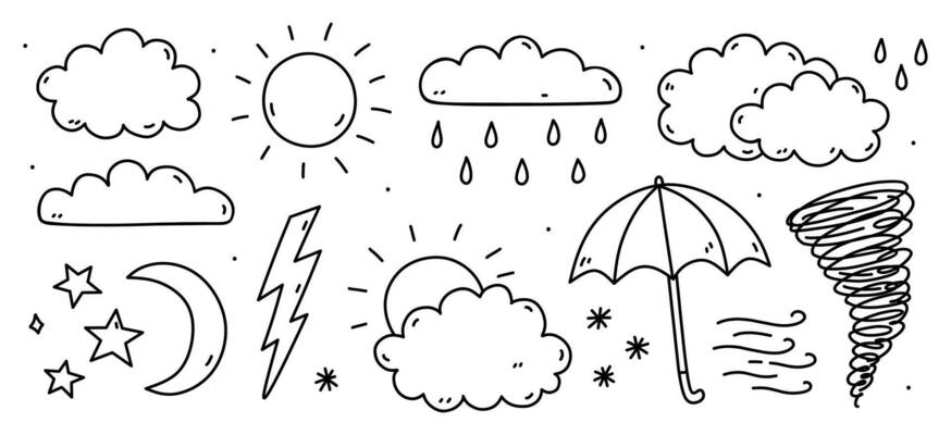 Set of weather elements - sun, clouds, rain, wind, snow, tornado, lightning, crescent moon, stars. Vector hand-drawn illustration in doodle style. Perfect for cards, decorations, logo, various designs