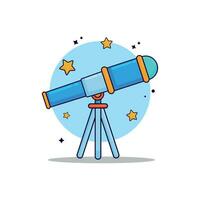 Illustration of a cute telescope looking at the starry sky with orbiting stars in blue and yellow. Cartoon style design with happy vibes, isolated on a white background. vector