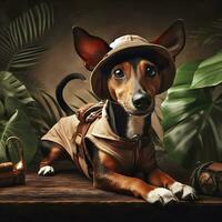 a brown rat terrier dressed as a jungle explorer, digital art photo