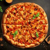 A pizza with pepperoni and basil on it. Generate by AI photo