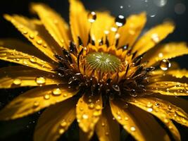 Abstract yellow sun flower with dew drops. Generate by AI photo