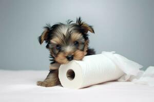 Yorkshire terrier puppy toilet paper. Generate Ai photo