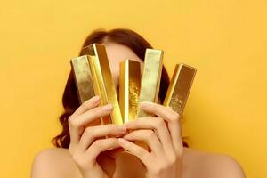 Woman holding many shiny gold bars. Generate Ai photo