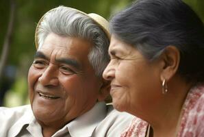 Hispanic smiling elderly couple. Generate ai photo