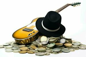 Musician hat with money isolated on white with electric guitar. Generate Ai photo