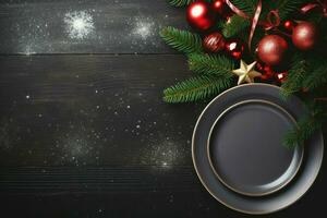 Christmas dinner table setting black plate. Generate Ai photo