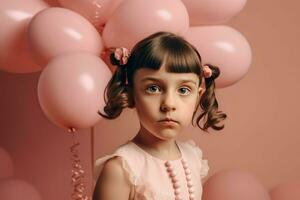 niña en rosado vestir posando con globos generar ai foto