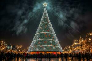 Navidad árbol Encendiendo a noche. generar ai foto