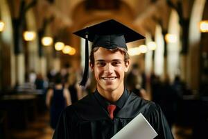 contento estudiante en túnica con diploma. generar ai foto