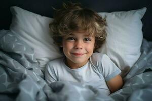 Cute little boy on bed at home rest comfort. Generate Ai photo