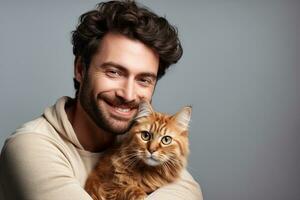 beautiful young caucasian brunette man cuddles french cat on white background ai generative photo