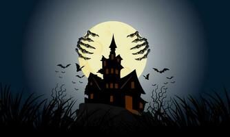 Ghost hand bones cling to the full moon, floating above a dark and terrifying castle on Halloween night. Swarms of bats fly around Dracula's castle towering over the mountains. vector