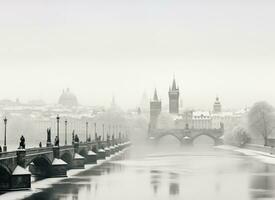 wooden bridge in a winter day fantasy AI generated photo