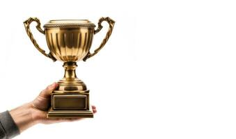 hand holding bronze trophy isolated in white background banner AI generated photo