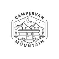 night mountain and campervan badge monoline or line art style vector illustration