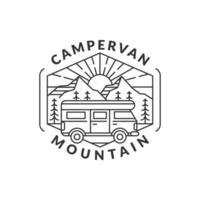 morning mountain and campervan badge monoline or line art style vector illustration