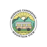 morning mountain and campervan badge monoline or line art style vector illustration