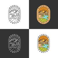 Mountain and morning camp badge monoline or line art style vector illustration