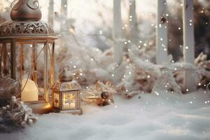 Navidad blanco decoraciones en nieve con abeto árbol ramas y Navidad luces invierno decoración ai generativo foto