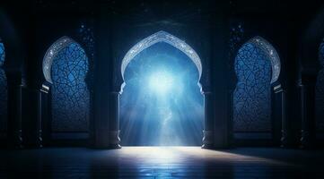 Moon light shine through the window into islamic mosque interior ai generative photo