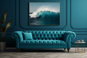 3D render modern blue sofa with painting ai generative photo