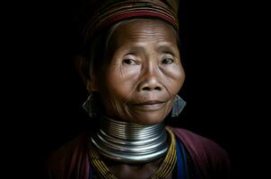 Long neck old woman from Thailand. Generate ai photo