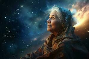Celestial Astronomer starry sky night old woman. Generate Ai photo