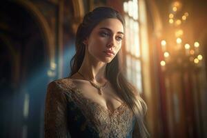 Woman with long hair in medieval building. Generate ai photo