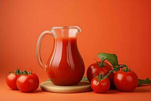 Full jug of tomato juice colorful background. Generate Ai photo