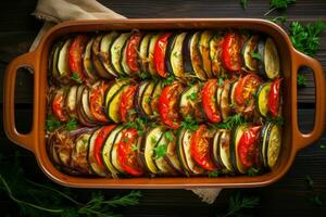 Delicious ratatouille in baking dish cooking. Generate Ai photo